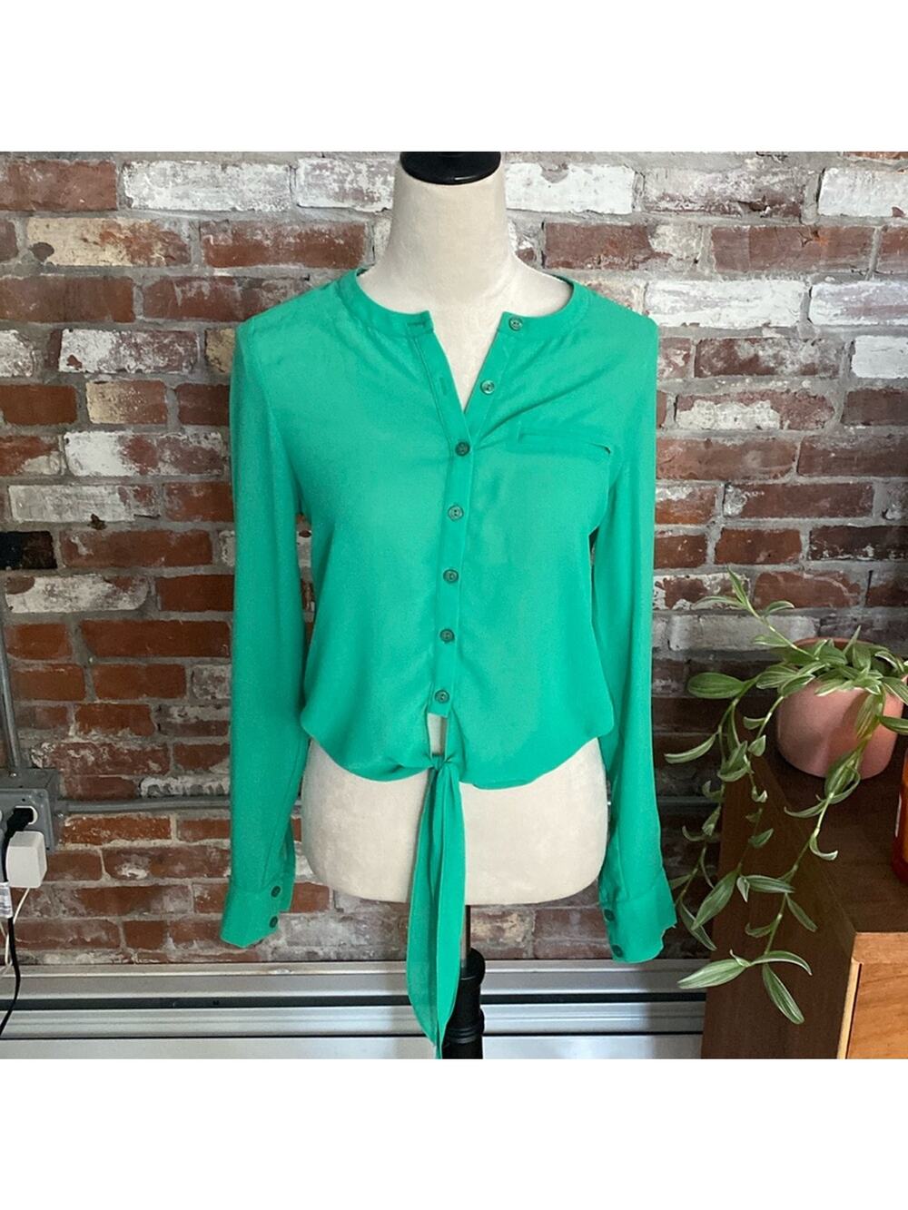 Naked Zebras Green Long Sleeve Button Down Tie Waist Crop Top Size S